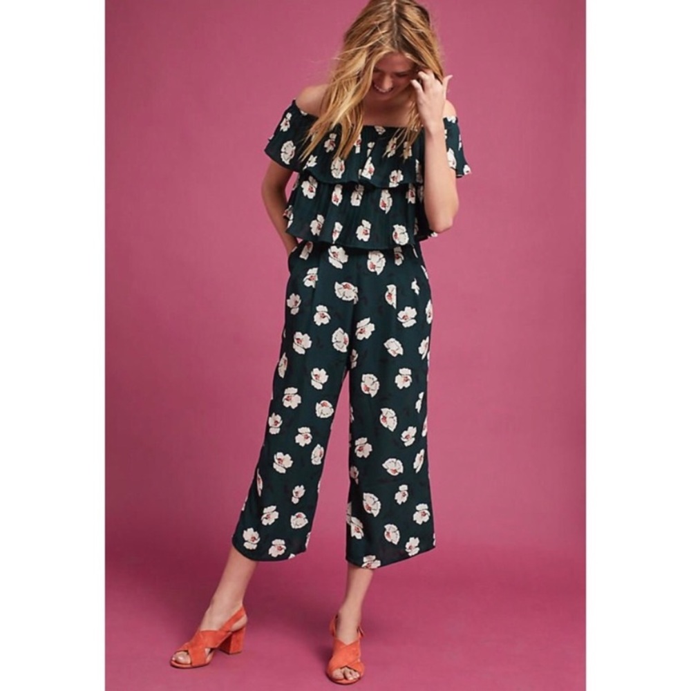 J.O.A Floral Jumpsuit Green Off Shoulder Tiered  Wide Leg